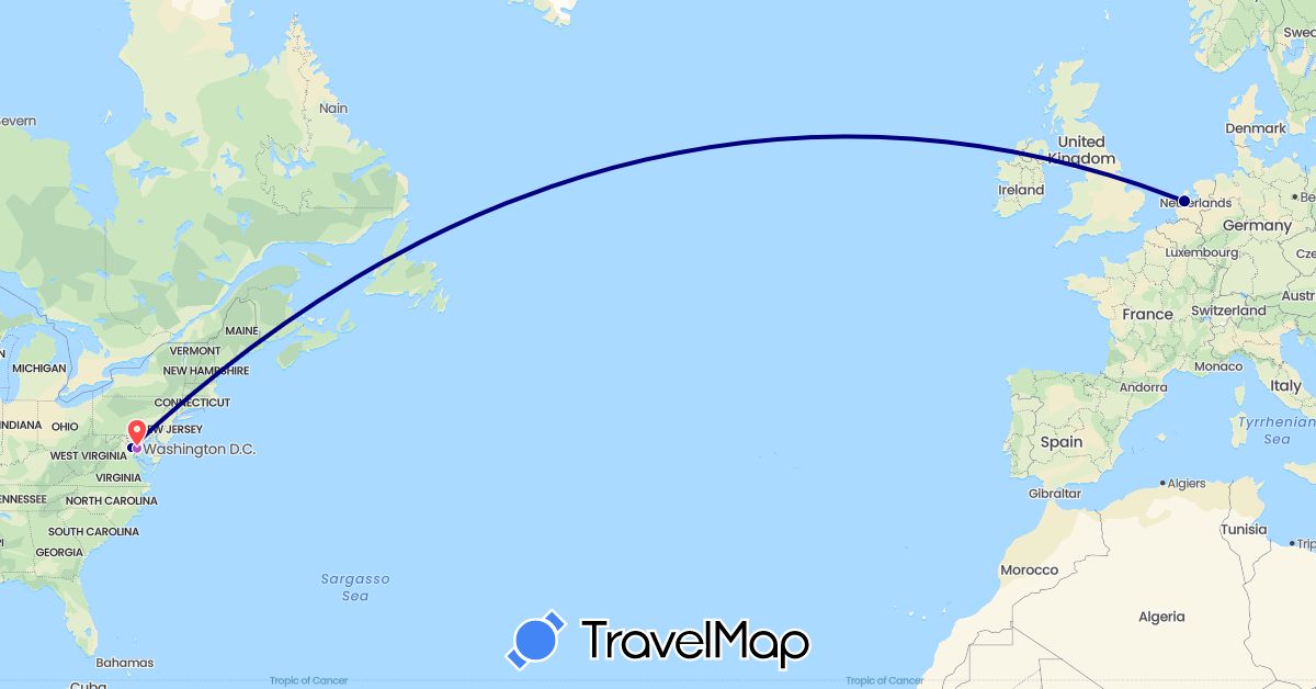 TravelMap itinerary: driving, plane, train, hiking in Netherlands, United States (Europe, North America)